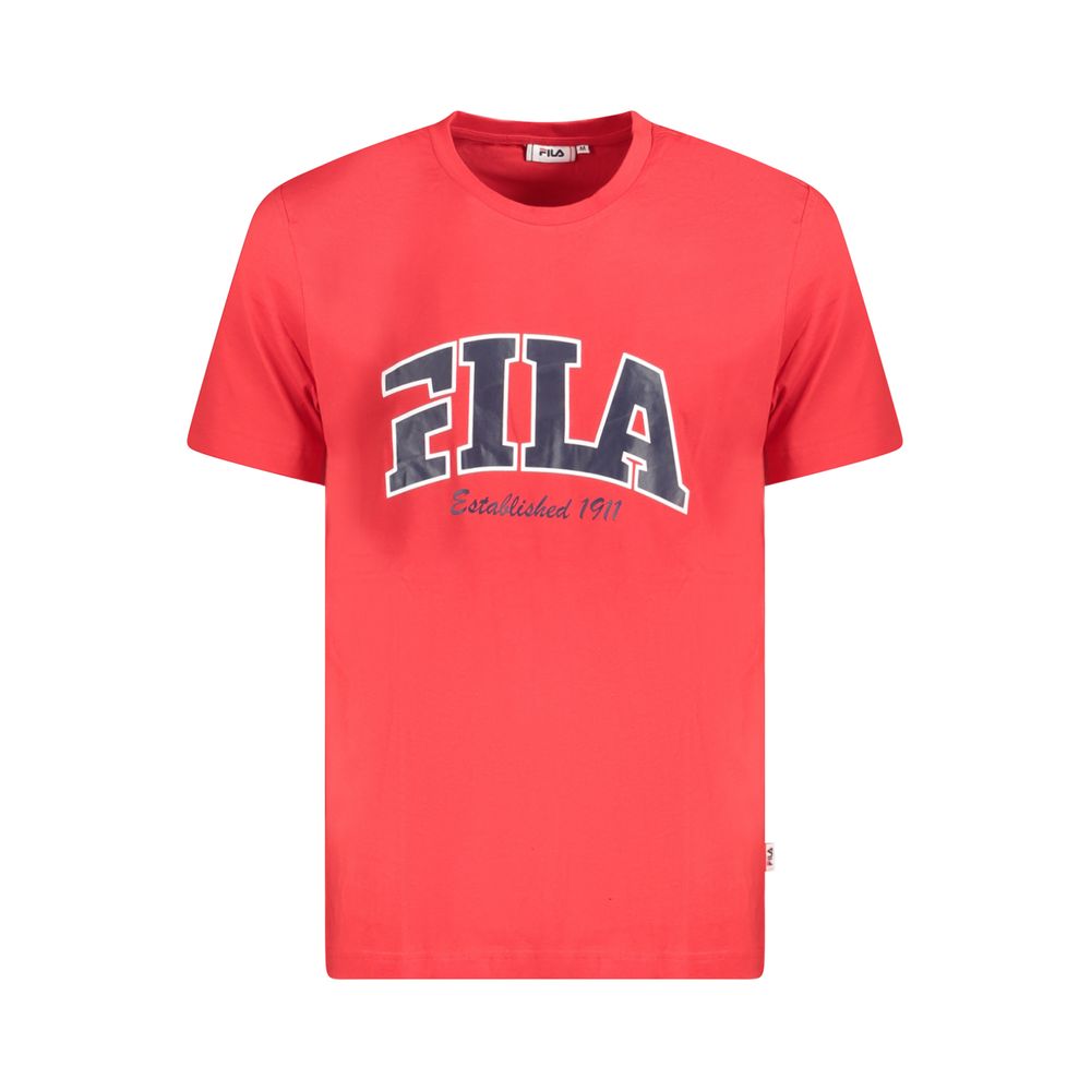 Fila Red Cotton Men T-Shirt with bold logo print, regular fit, crew neck, 100% cotton, perfect for casual and statement wear.