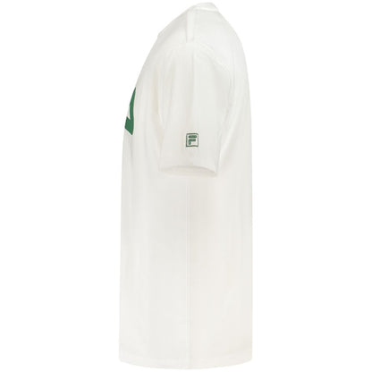 Side view of Fila White Cotton Men T-Shirt with green logo, showing loose-fit cut and soft, breathable material for casual style.