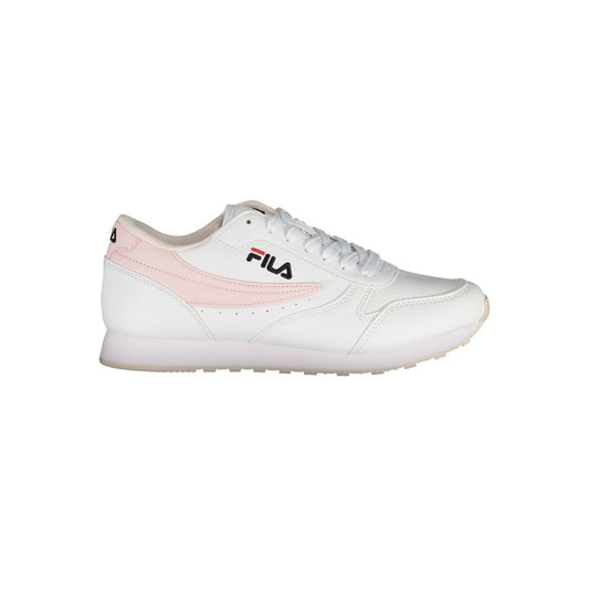 Fila White Synthetic Women Sneaker with pink accents and iconic logo, showcasing stylish and comfortable sports footwear.