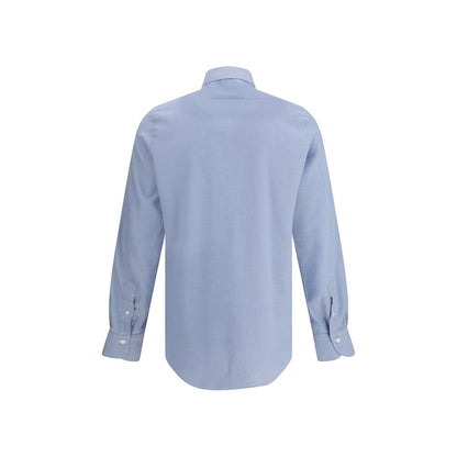 Back view of Finamore Light Blue Cotton Dress Shirt, elegant cotton and cashmere blend with classic collar, perfect for everyday elegance.