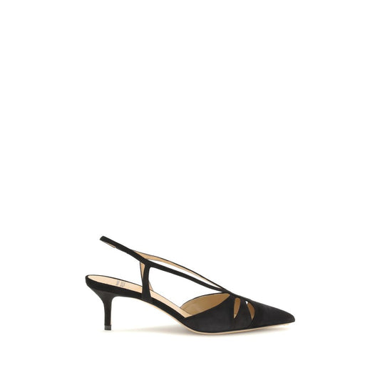 Francesco Russo Black Calf Leather Bos Taurus Mid Heel Pumps with almond toe and cut-out details, elegant suede slingbacks.
