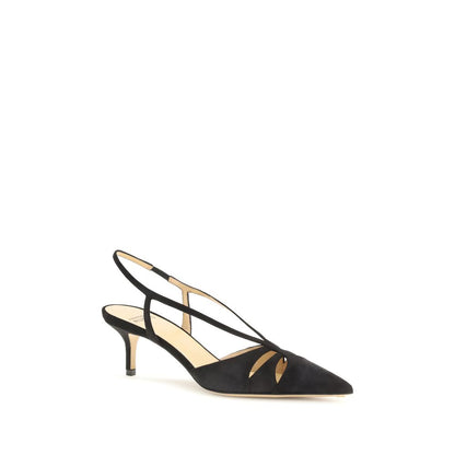 Francesco Russo Black Calf Leather Bos Taurus Mid Heel Pumps with slingback and cut-out details.