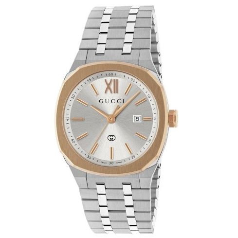 GUCCI MOD. YA163508 luxury watch with silver and gold-tone case and stainless steel bracelet design.