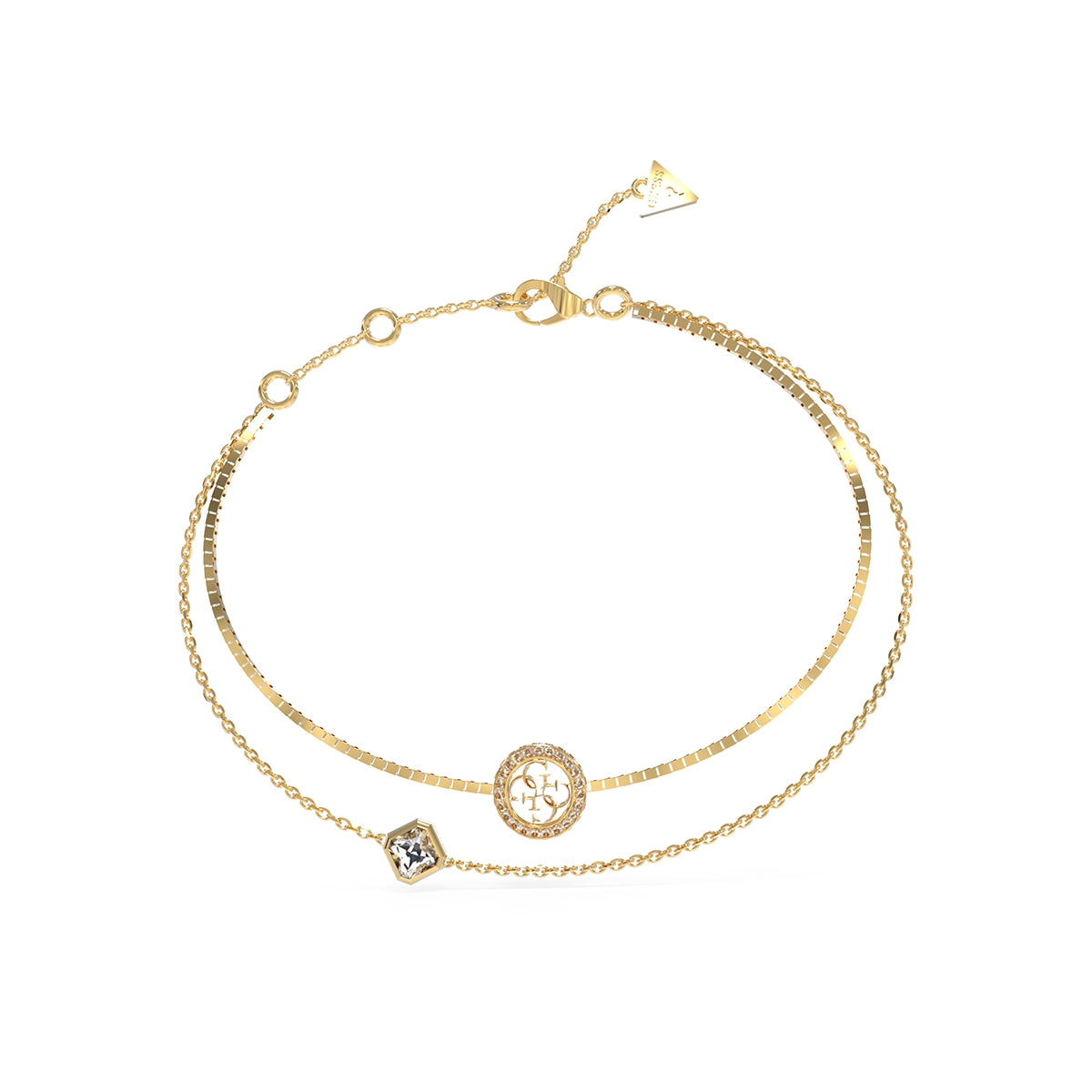 GUESS JEWELS JEWELRY Mod. JUBB04160JWYGS gold bracelet with two-chain design and decorative charms.