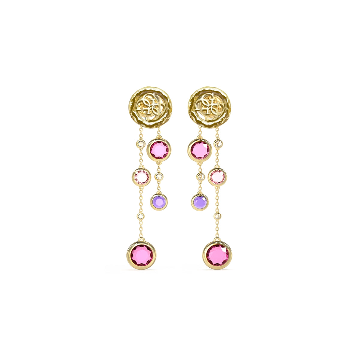 Gold drop earrings with pink and purple stones from GUESS JEWELS JEWELRY Mod. JUBE05091JWYGFCT-U collection.