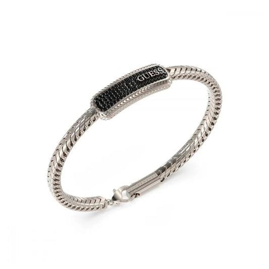 Alt Tag: GUESS JEWELS JEWELRY Mod. JUMB05018JWSTBKS silver bracelet with black detail on white background