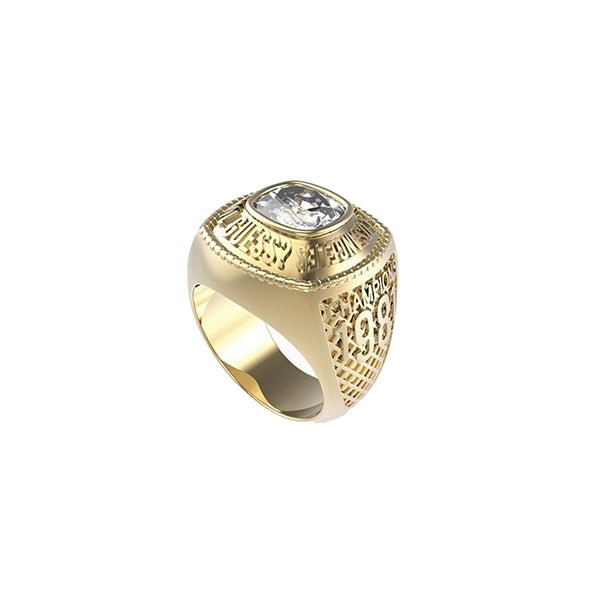 GUESS JEWELS JEWELRY Mod. JUMR01375JWYG62 gold ring with clear stone, side engraved with year 1998.