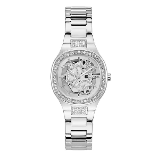 GUESS Mod. ELECTRA women's silver-tone watch with crystal accents on the bezel and bracelet.