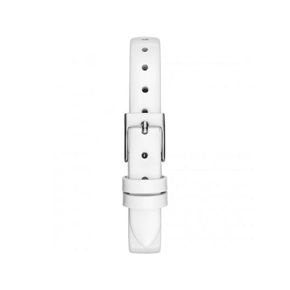 White watch strap with silver buckle, designed for women's quartz analog watches, compatible with GUESS Mod. GW0099L1, 30mm case.