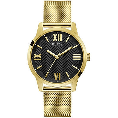 Gold watch with black dial from GUESS Mod. GW0214G2, featuring quartz movement, mineral case, and water resistance of 5 ATM.