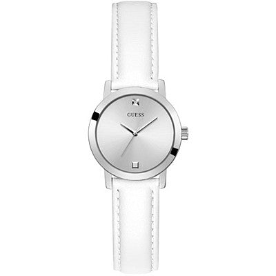 Silver 925° watch for women by GUESS Mod. GW0246L1 with quartz analog movement and water resistance, shown on a white strap.