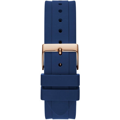 Blue watch strap with gold buckle, compatible with GUESS Mod. GW0257L3, durable quartz analog design, water resistant up to 3 ATM.