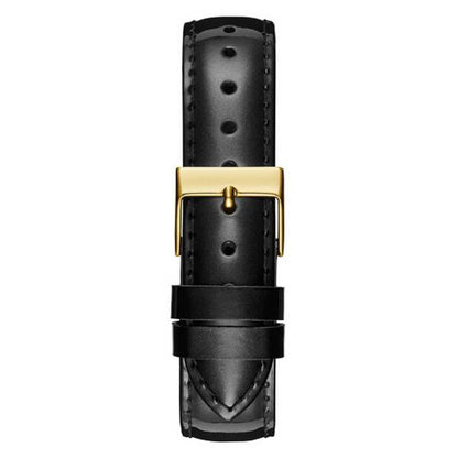 Close-up of a black leather watch strap with gold buckle on white background