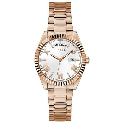 Rose gold quartz analog watch with date function, featuring silver mineral dial and water resistance, GUESS Mod. GW0308L3.