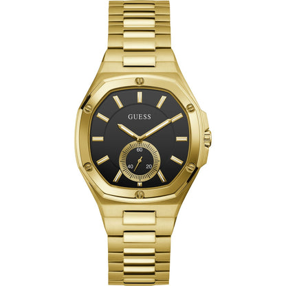 Gold GUESS watch with black dial, model GW0310L2, featuring analog quartz movement, in official packaging for women.
