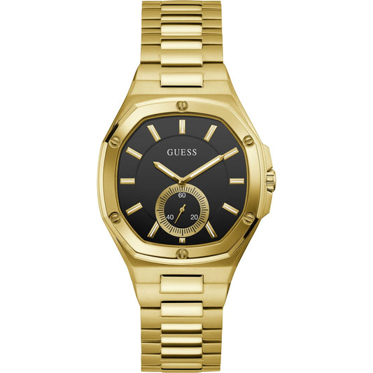 Gold GUESS watch with black dial, model GW0310L2, featuring analog quartz movement, in official packaging for women.