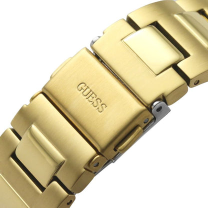 Close-up of gold-toned bracelet clasp from GUESS Mod. GW0310L2 watch, showcasing intricate design and branded engraving.