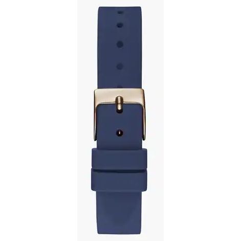 Blue watch strap with a gold buckle, showing a single row of holes, suitable for various watch models.