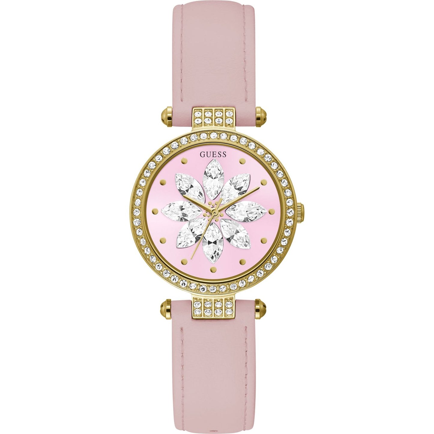 GUESS Mod. GW0382L1 pink and gold ladies analog watch with quartz movement and 32mm case, featuring a floral dial design.