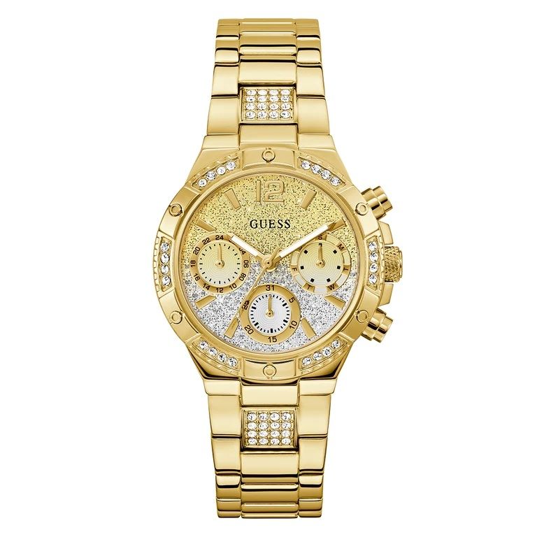 Luxury gold watch with crystal accents, model GUESS Mod. HARLOW, featuring a chic design with chronograph functionality.