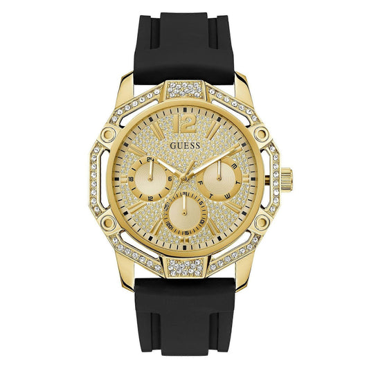 Luxury GUESS Mod. REGAL gold-tone watch with sparkling details and black strap.