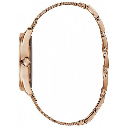 Side view of GUESS Mod. W1142L4 watch with silver 925° material: 3 ATM water resistant, quartz analog movement, 37 mm case.