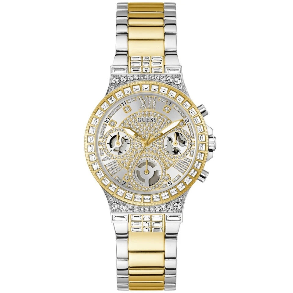 GUESS Mod. MOONLIGHT luxury wristwatch with gold and silver bracelet and sparkling dial.