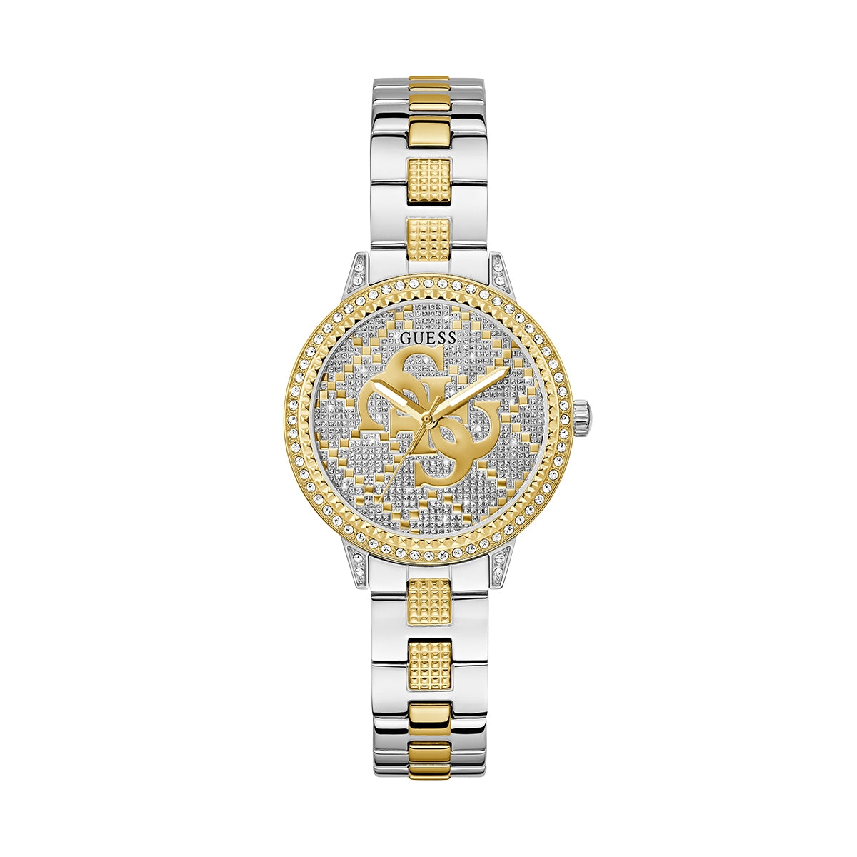 Stylish GUESS Mod. G Lace gold and silver wristwatch with intricate detailing, perfect for elegant fashion and timekeeping.