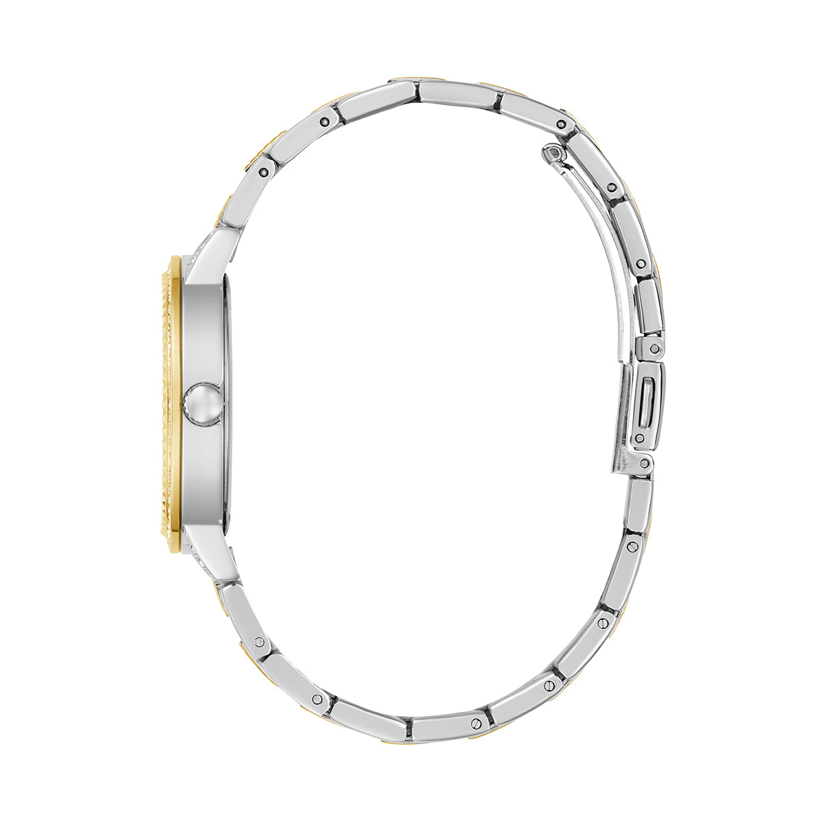 Side view of silver and gold watch from GUESS Mod. G Lace collection, highlighting slim case and bracelet design.
