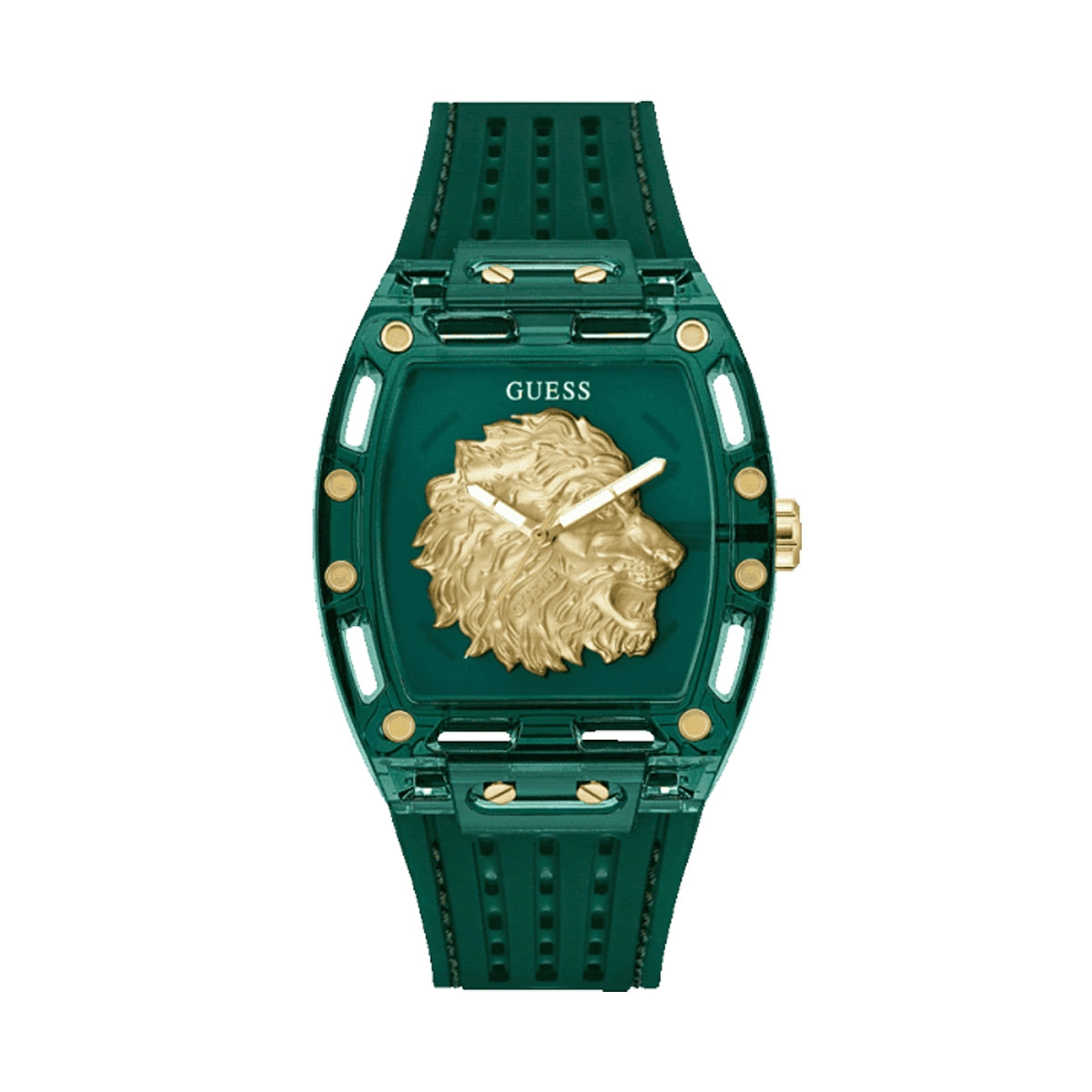 Alt Tag: GUESS Mod. PHOENIX watch featuring a green band and gold lion emblem on the face.