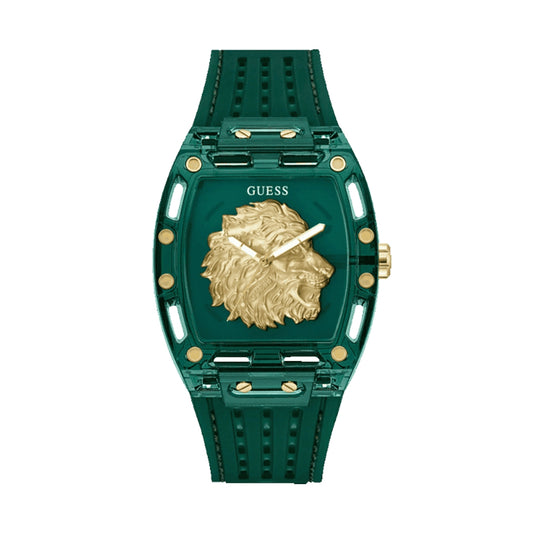 Alt Tag: GUESS Mod. PHOENIX watch featuring a green band and gold lion emblem on the face.