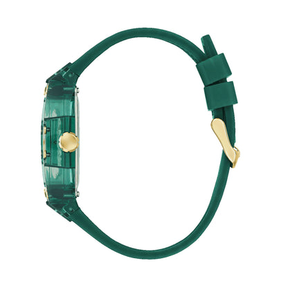 Side view of GUESS Mod. PHOENIX watch with green band and gold accents