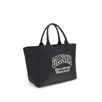 Ganni Black Cotton Shoulder Bag with logo, spacious XXL tote, top handles, interior pocket, 100% cotton, perfect for versatile use.