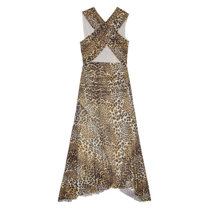 Ganni Leopard Marl Mesh Long Ruched Crossover Dress
