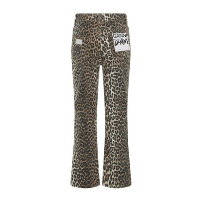 Ganni Multicolor Cotton Casual Pants with animal print design and flare style, featuring monogram patch and logo closure.