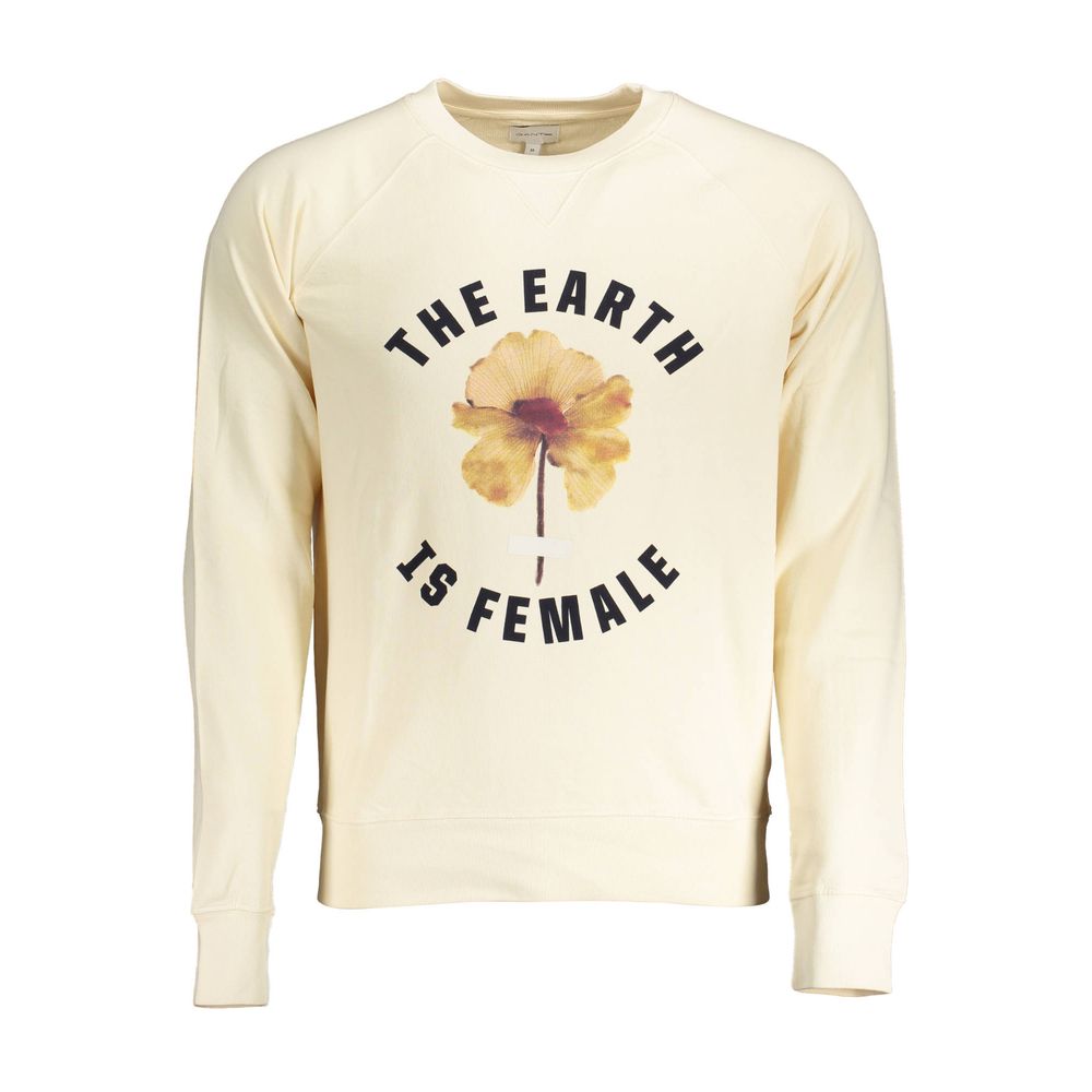 Beige sweatshirt featuring 'The Earth is Female' text and floral graphic on the chest, promoting eco-friendly and gender equality message.