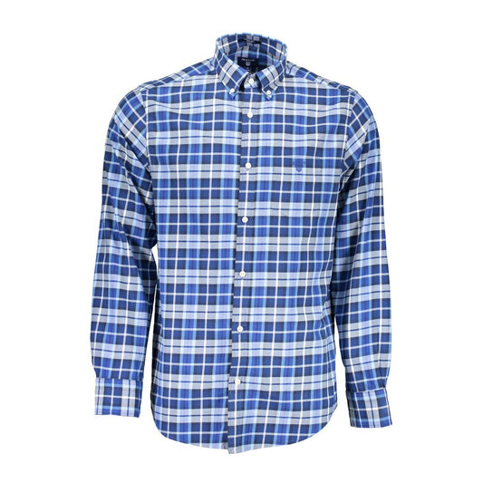 Gant Blue Cotton Men Shirt with plaid pattern, button-down collar, long sleeves, and Gant logo, perfect for a classic, sophisticated look.