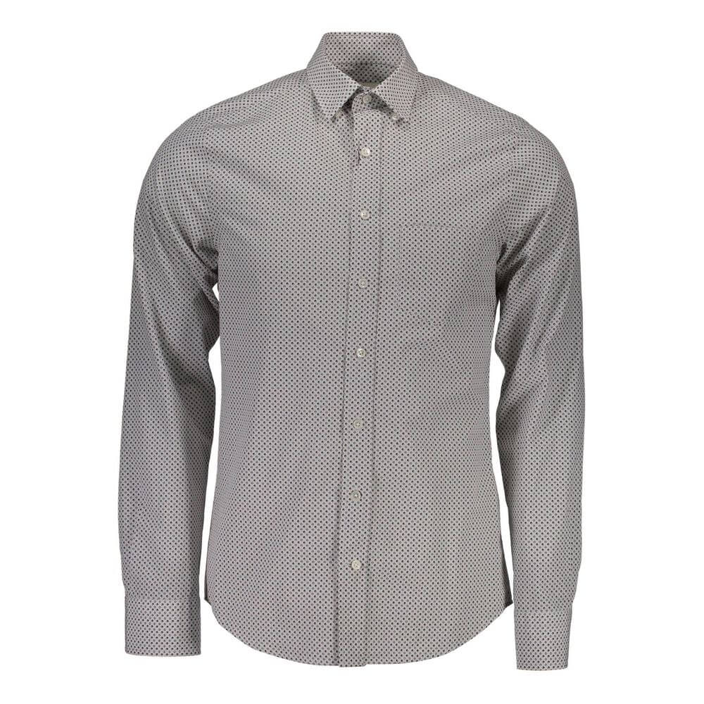Men's patterned long sleeve shirt with button-down front and collar, featuring a subtle dot design.