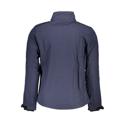Gianmarco Venturi Blue Polyester Jackets & Coat, long sleeve soft shell with contrast details and logo, back view.