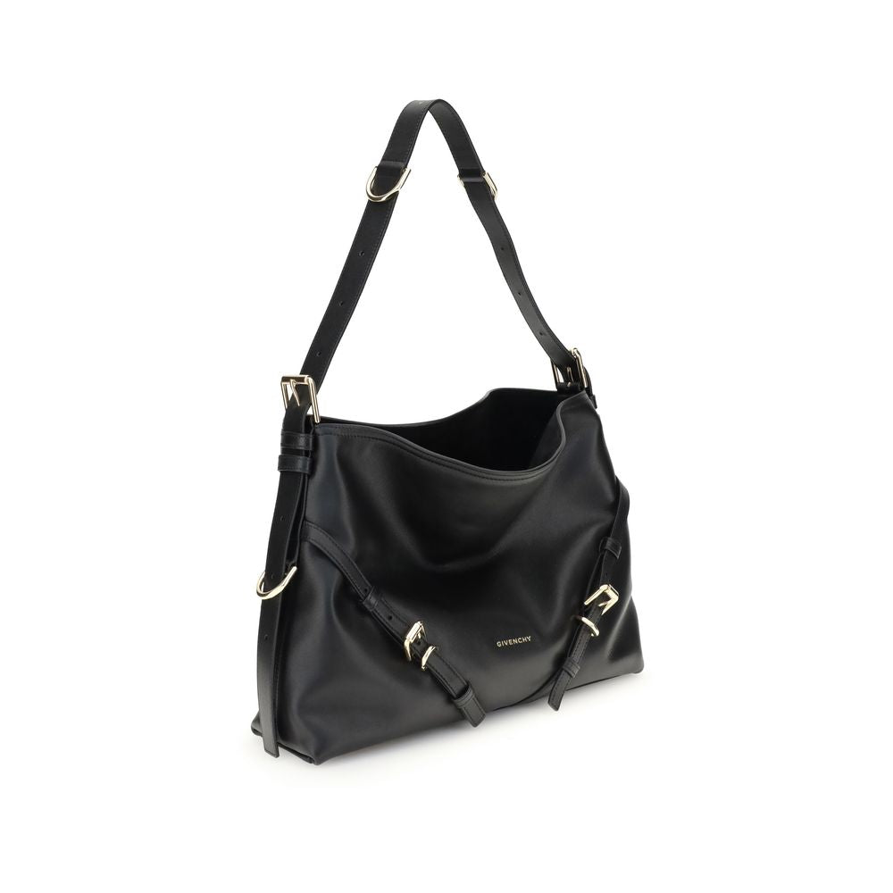 Givenchy Black Calf Leather Bos Taurus Shoulder Bag with V-shaped silhouette and gold-tone details.