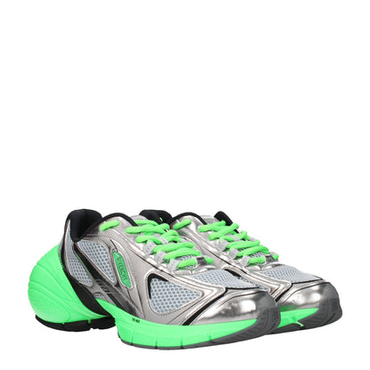 Givenchy Gray Fabric Athletic Sneakers with green accents and rubber sole, featuring logo details, lace-up closure, round toe design, mid heels.