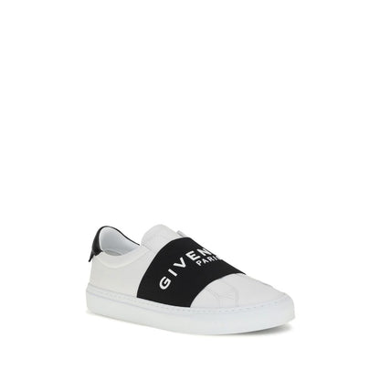 Givenchy White Calf Leather Bos Taurus Low Top Sneakers with elastic band and embossed logo, featuring a contrasting heel and padded ankle.