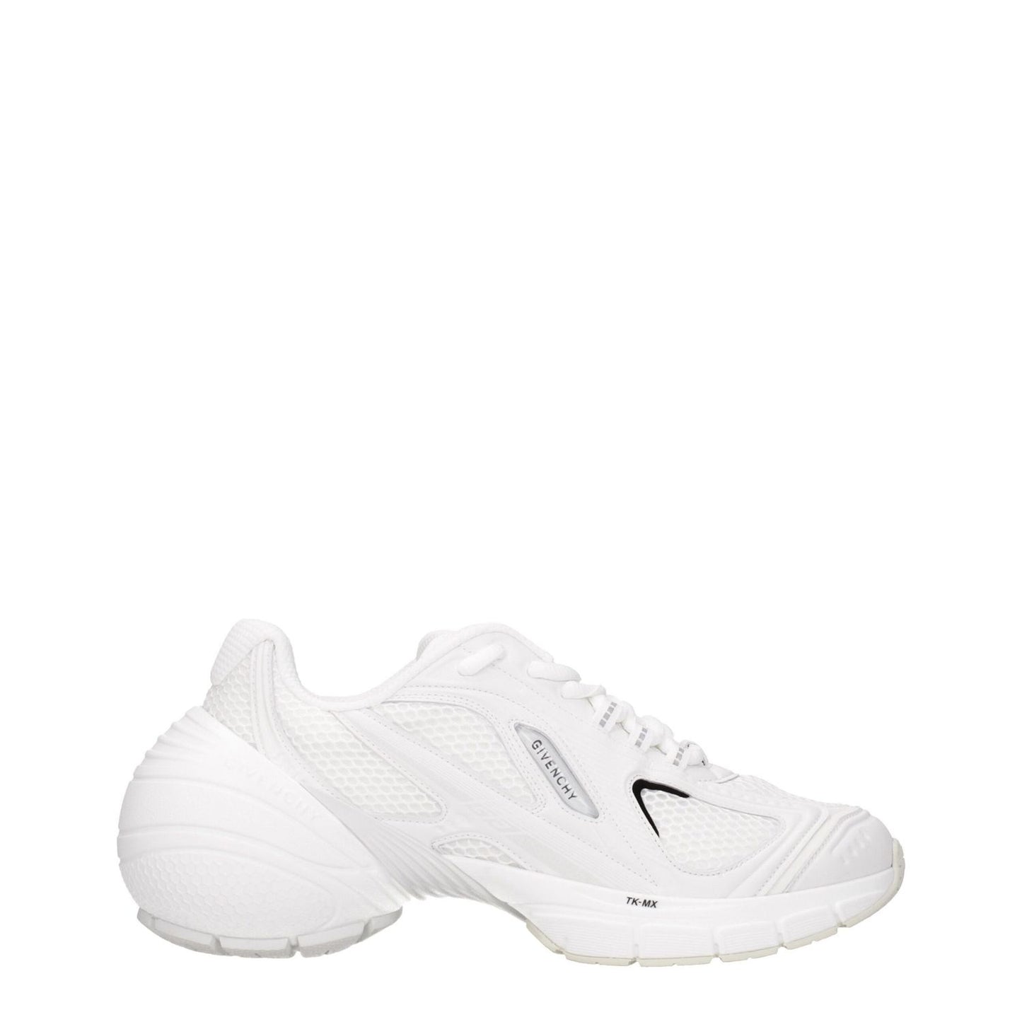 Givenchy White Fabric Athletic Sneakers with lace-up closure, leather details, and rubber sole, showcasing front and side logos, round toe design.