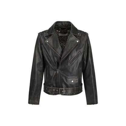 Golden Goose Brown Calf Leather Bos Taurus Biker Jacket with vintage effect, double-breasted zipper, and adjustable waistband.