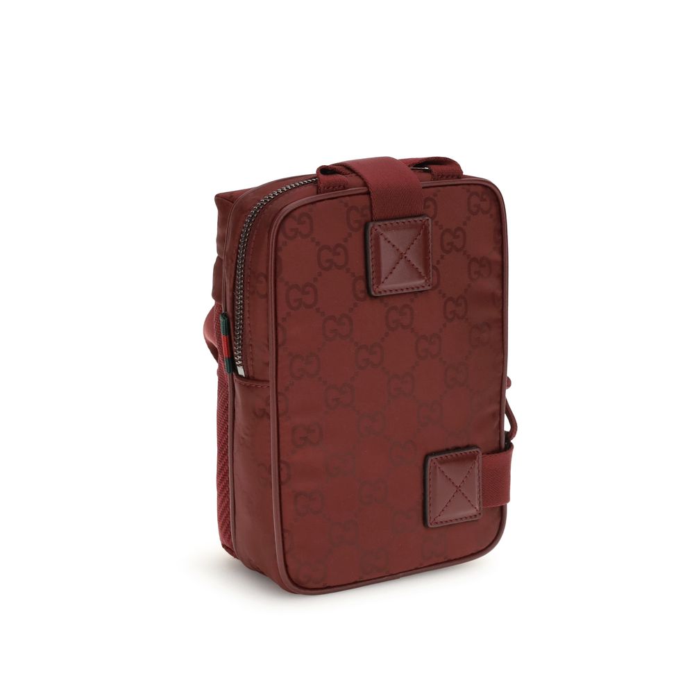 Gucci Bordeaux Polyamide Shoulder Bag with GG nylon pattern, featuring green and red web, tone-on-tone logo, and mesh detail.