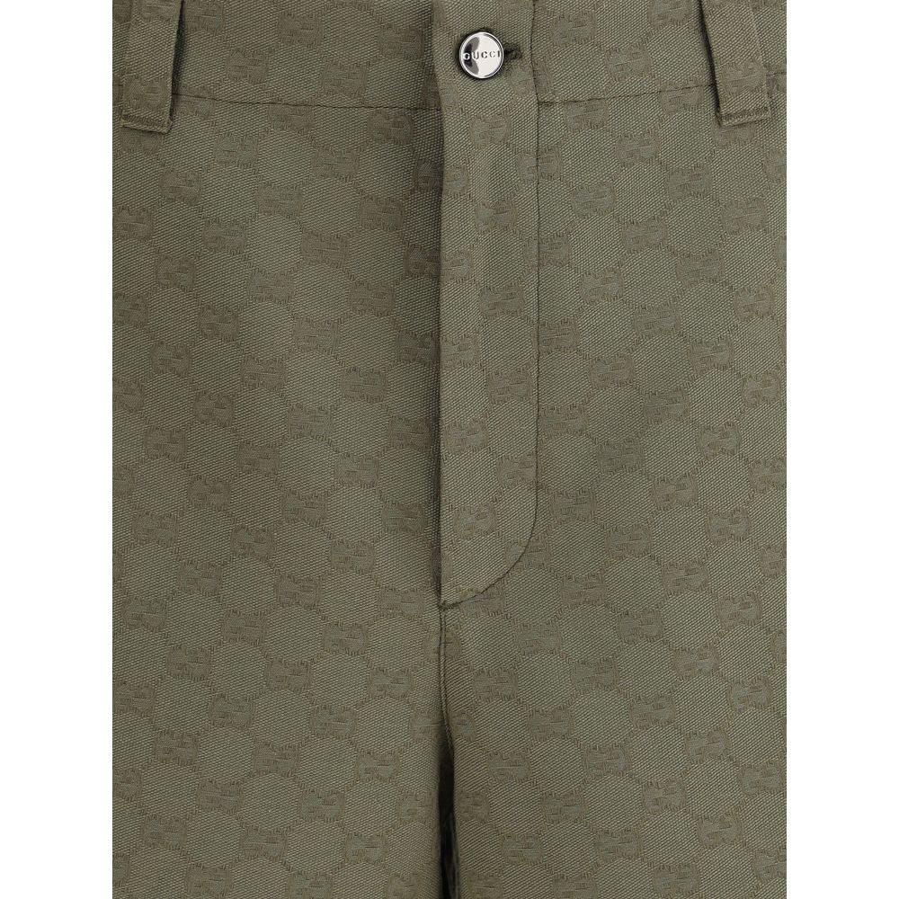 Gucci Green Cotton Bermuda Shorts with GG pattern and front zipper
