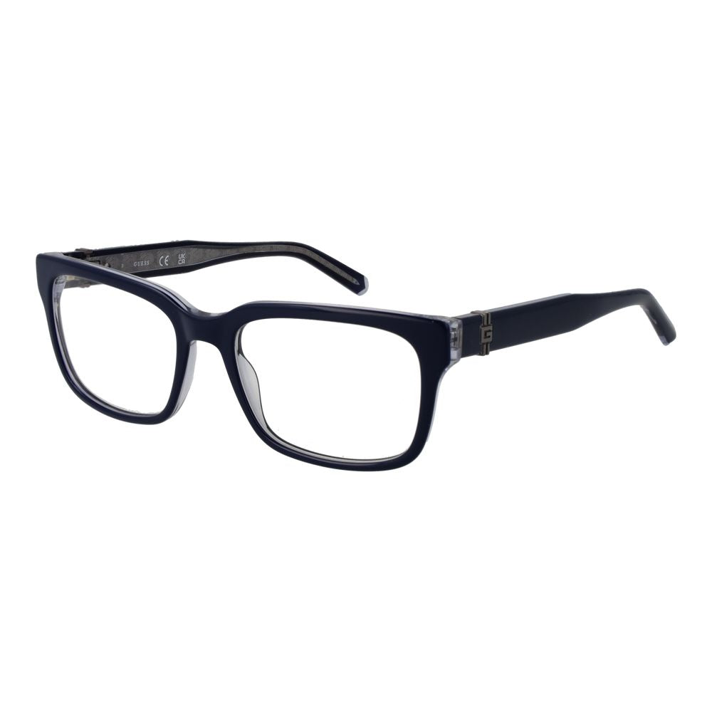 Guess Blue Acetate Glasses (Frames), full-rim rectangle style for men, blue acetate frame with demo lenses and spring hinge.