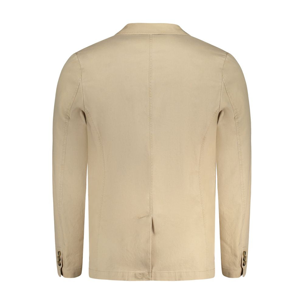Rear view of Guess Jeans Beige Cotton Men Jacket with long sleeves and button details, showing classic tailoring and versatile design.