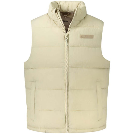 Guess Jeans Beige Polyamide Men Jacket - Sleeveless water-resistant jacket with logo and pockets for stylish and practical outerwear