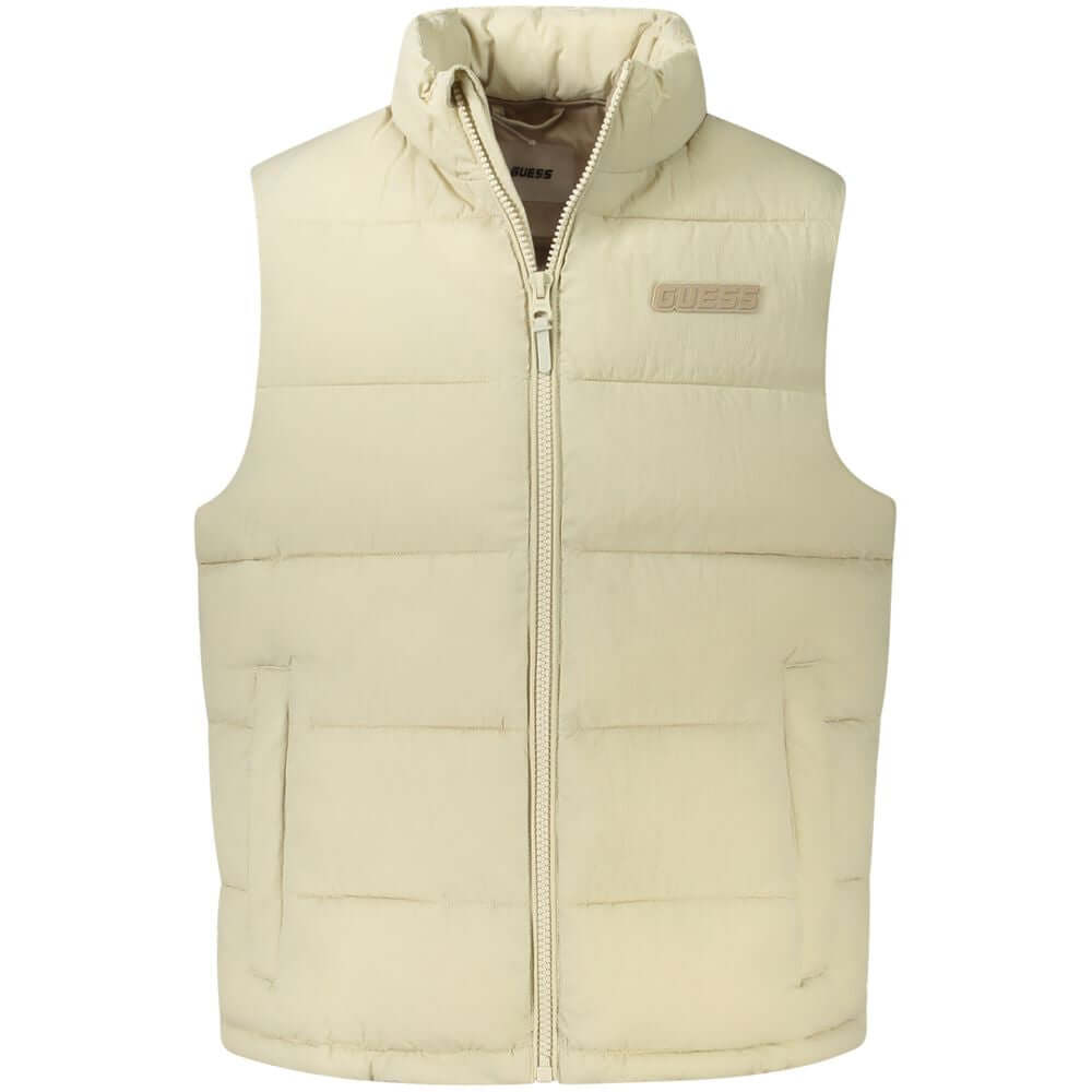 Guess Jeans Beige Polyamide Men Jacket - sleek sleeveless water-resistant outerwear with Guess logo and practical pockets.